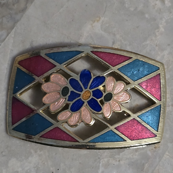 Vintage Cloisonné Floral Checkered Brooch/Scarf Pin - Picture 4 of 5